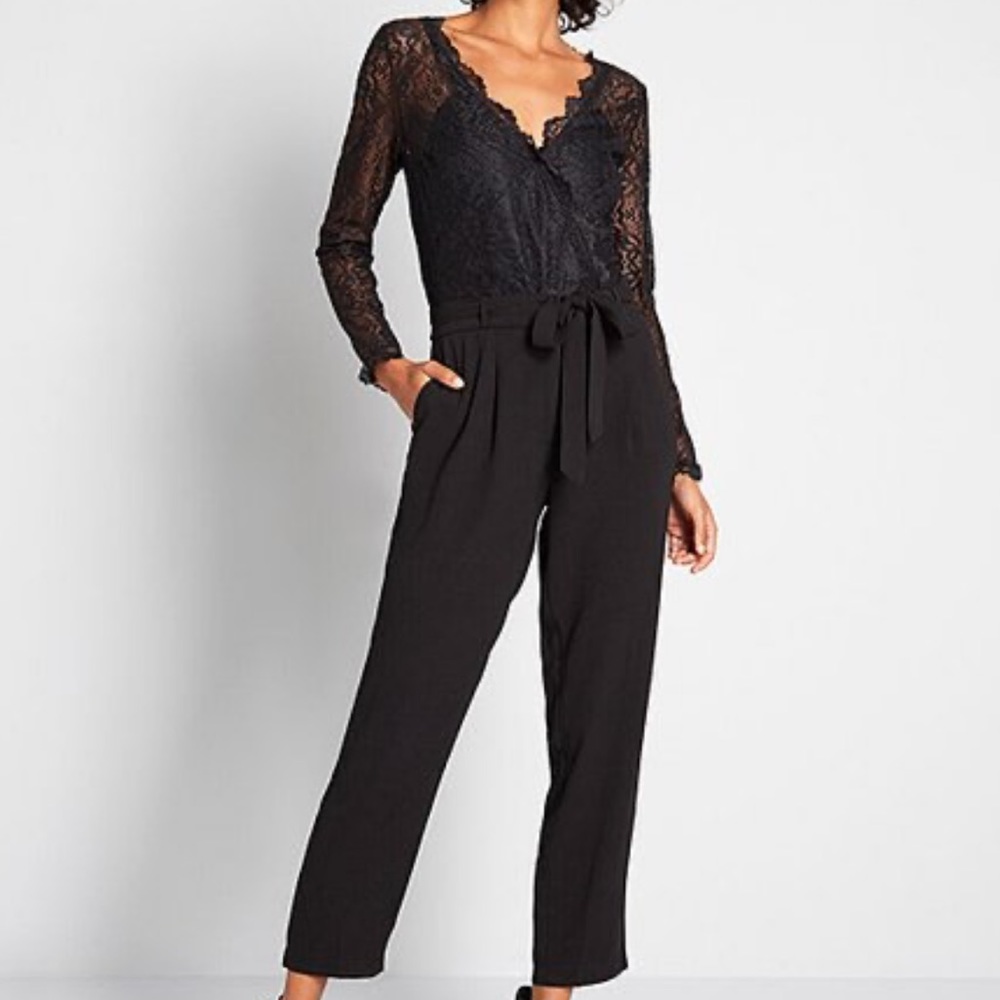 Black Lace Wrap Jumpsuit with Tie Waist ModCloth S black lace long sleeve jumpsu